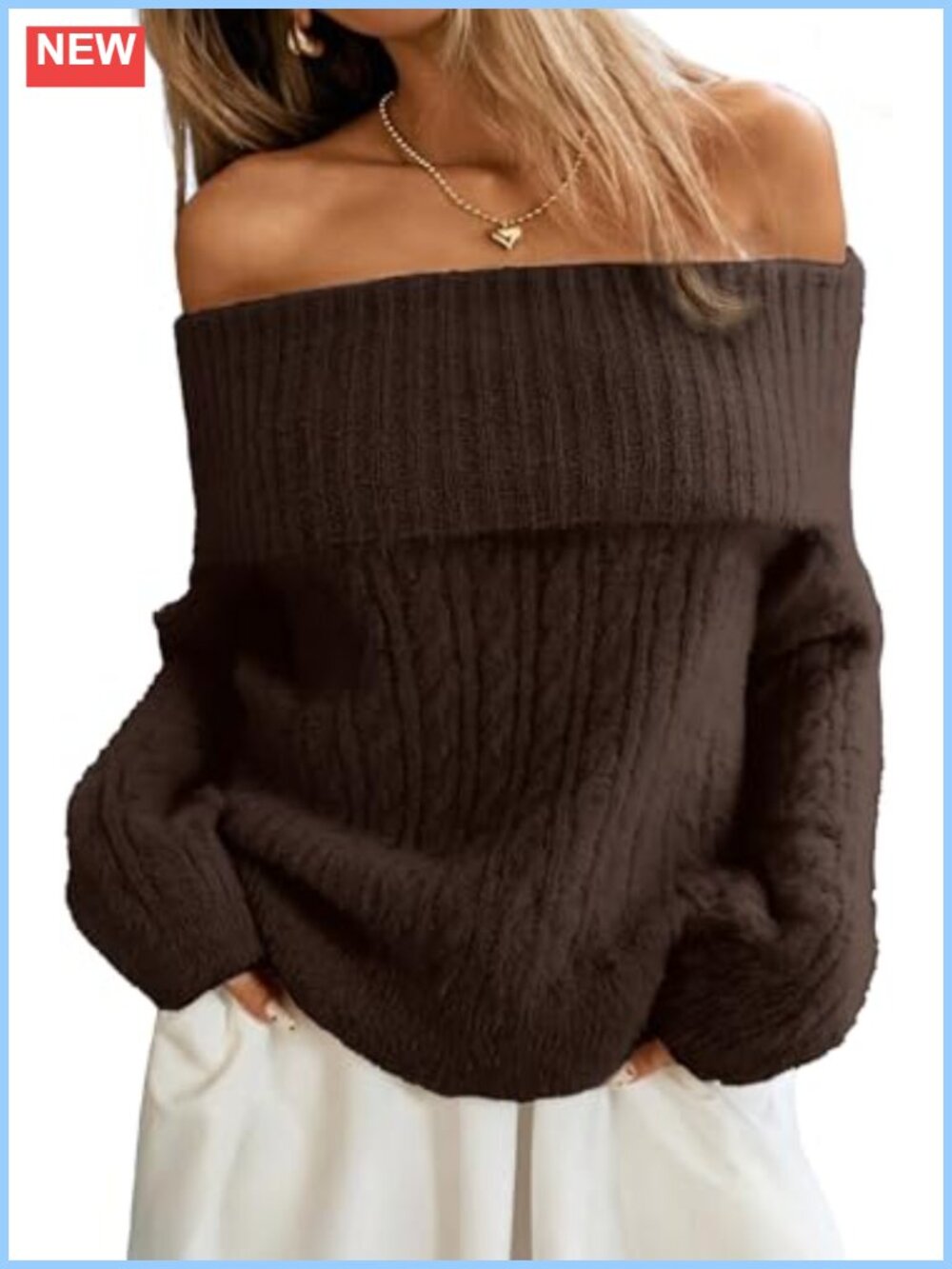 ELLEVEN Off Shoulder Cable Knit Sweater Soft Oversized Pullover